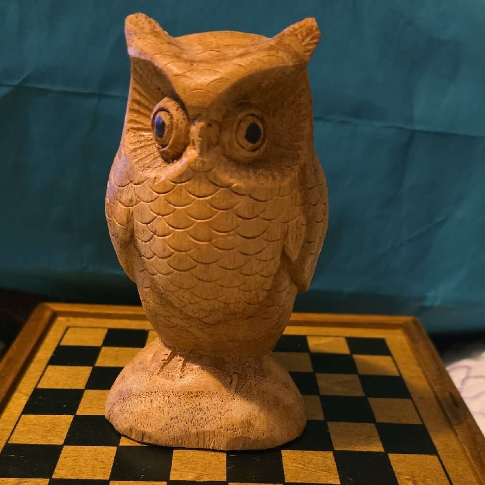 Carved Wooden Owl Statue - Natural Brown